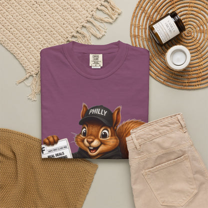 Delivery Squirrel T-Shirt — Cute Parcel Mascot Tee with 'Real Deals' Box