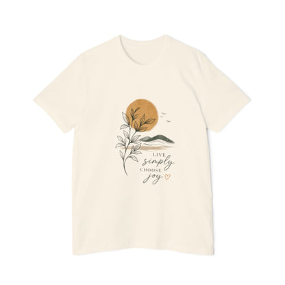 Inspirational Graphic T-Shirt — "Live Simply, Choose Joy" Sun & Botanical Design