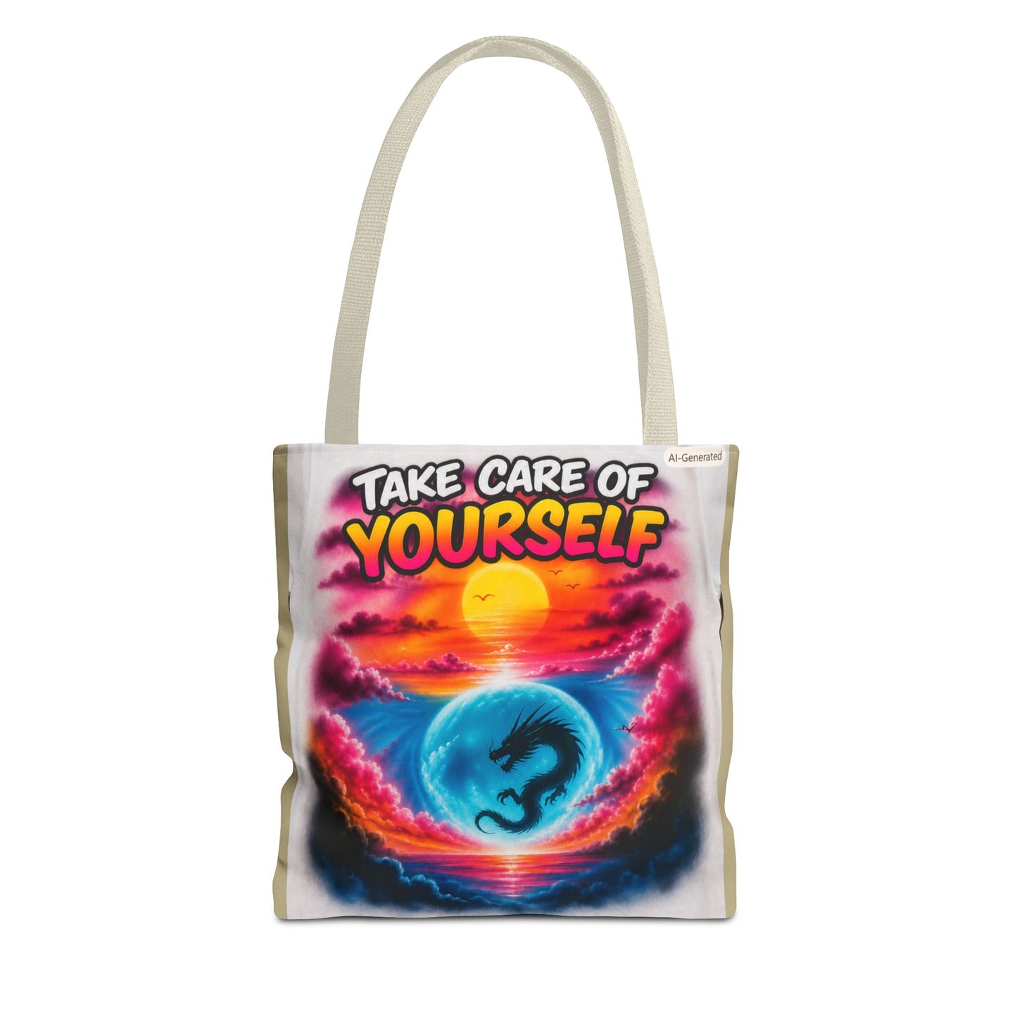 Take Care of Yourself Tote Bag – Sunset Dragon Motivational AOP Beach Tote