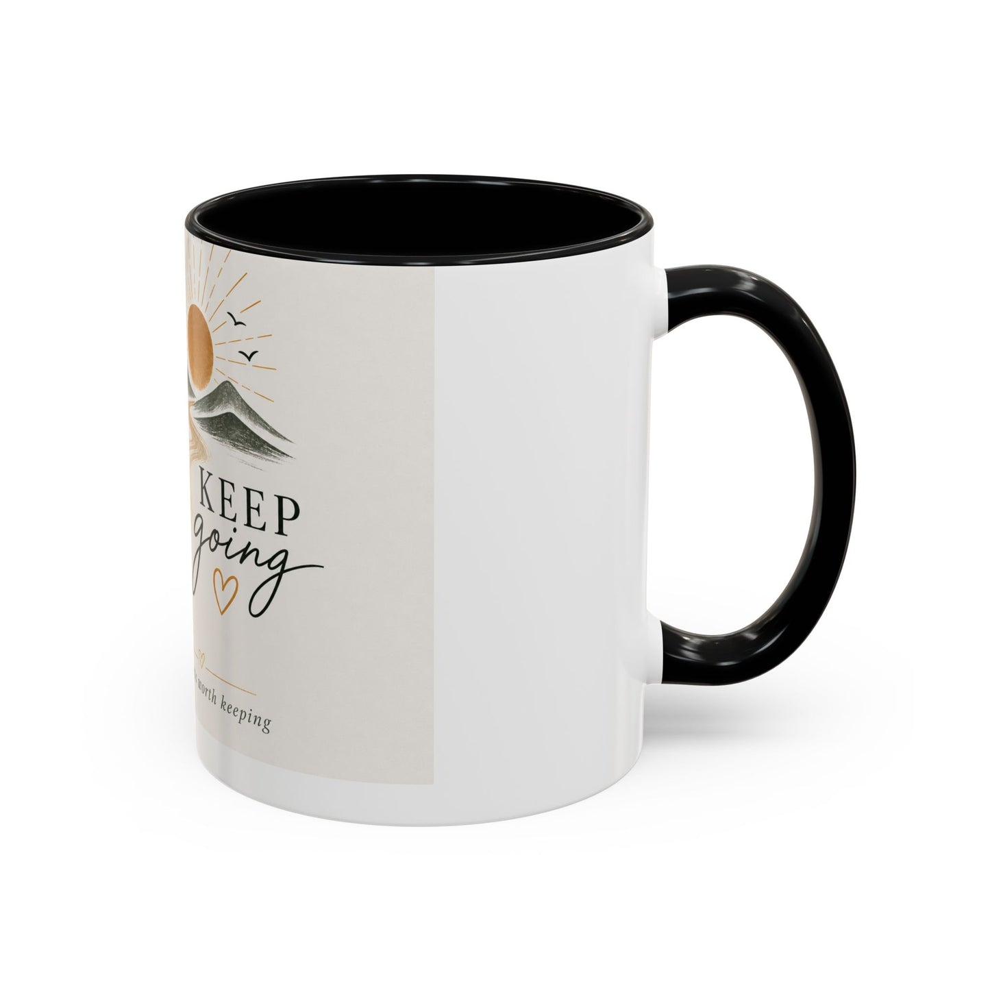 Keep Going Accent Coffee Mug — Inspirational Morning Mug with Sun & Mountains Design (11/15 oz)
