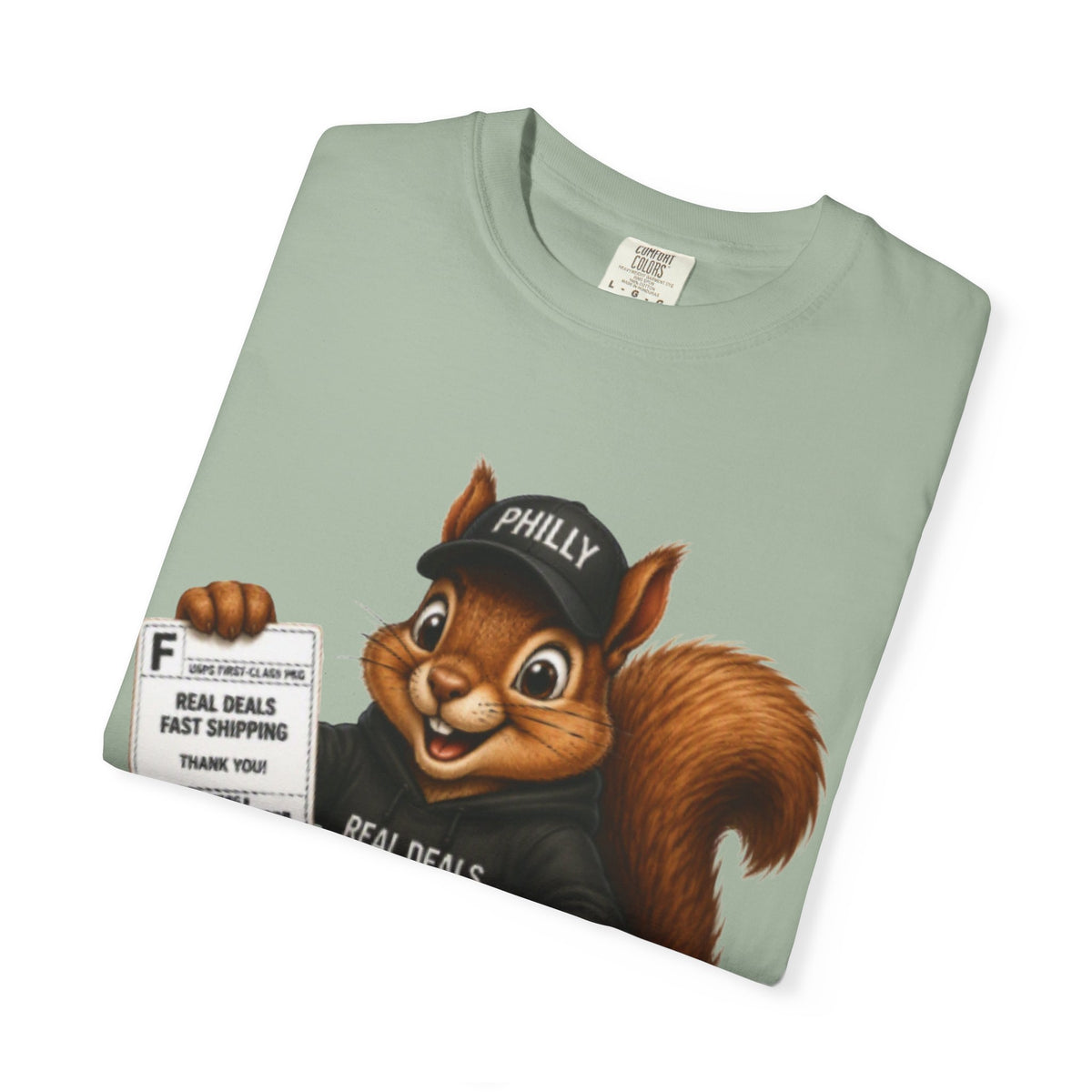 Delivery Squirrel T-Shirt — Cute Parcel Mascot Tee with 'Real Deals' Box