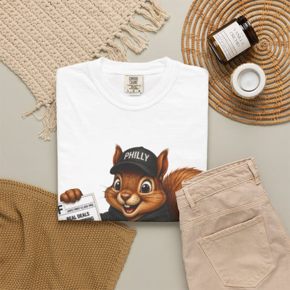 Delivery Squirrel T-Shirt — Cute Parcel Mascot Tee with 'Real Deals' Box