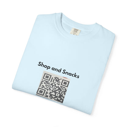 QR Code Promo T-Shirt — "Shop and Snacks" Scan to Order Tee