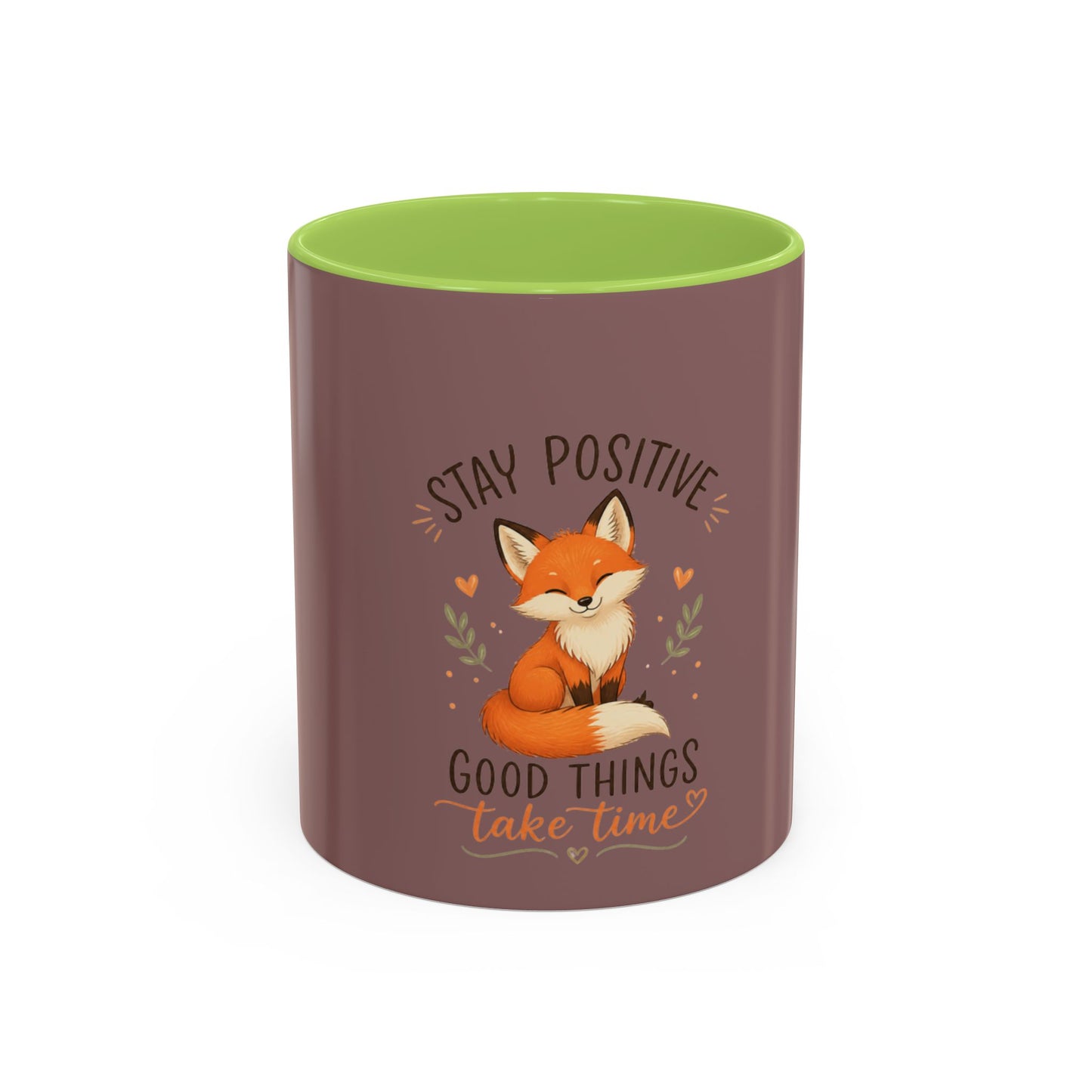 Stay Positive Fox Coffee Mug – 'Good Things Take Time' Inspirational Accent Mug