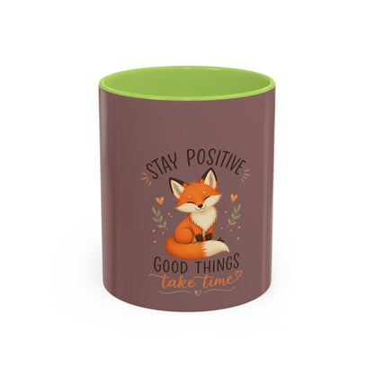 Stay Positive Fox Coffee Mug – 'Good Things Take Time' Inspirational Accent Mug