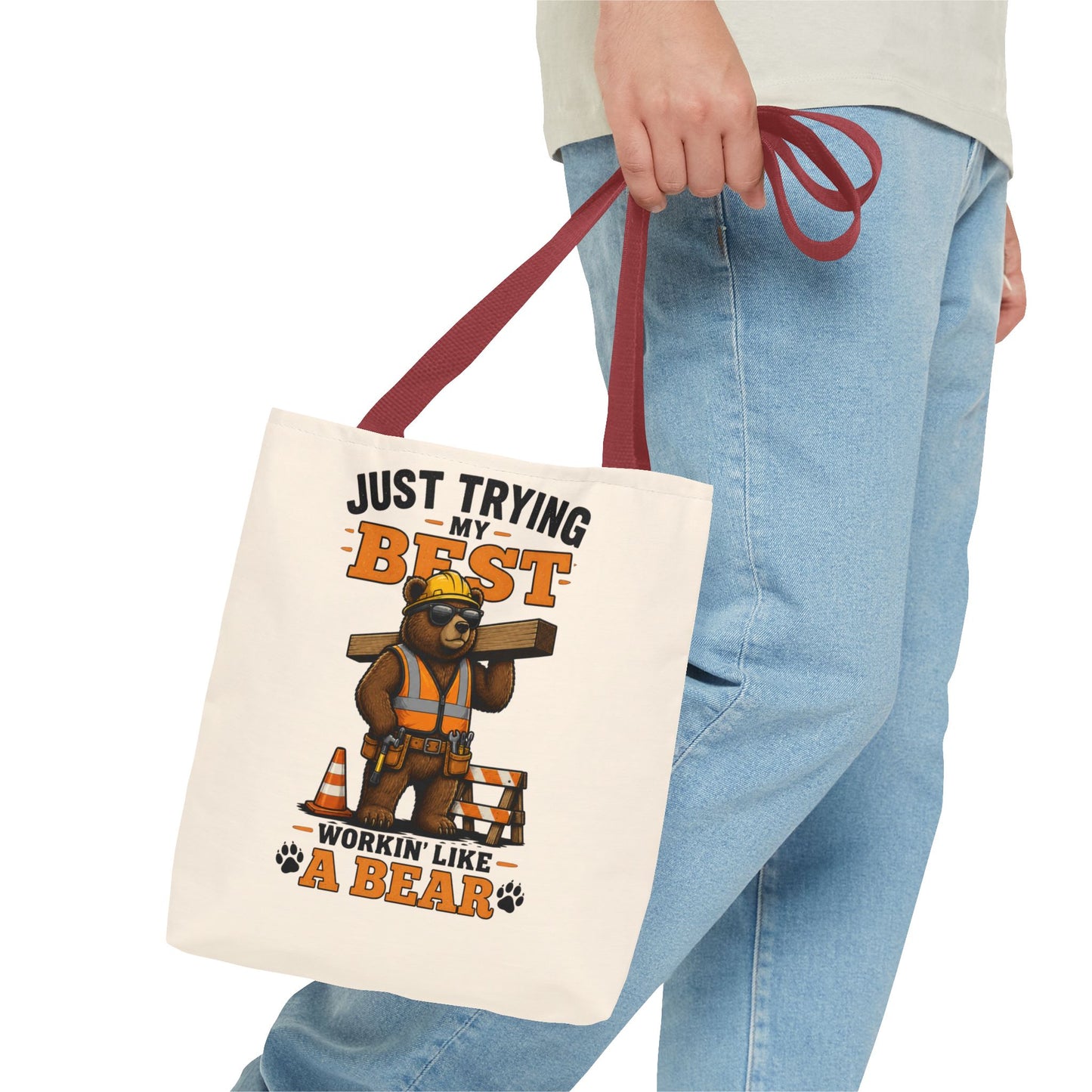 Just Trying My Best Tote Bag - Cute Construction Bear Canvas Tote