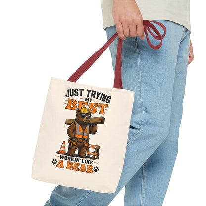 Just Trying My Best Tote Bag - Cute Construction Bear Canvas Tote
