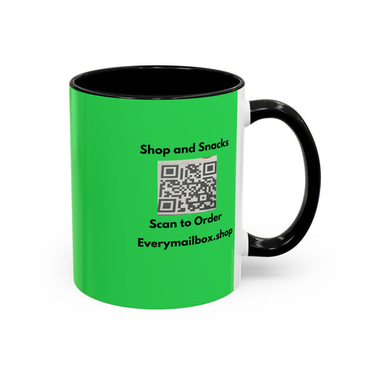 Accent Coffee Mug — 'Shop and Snacks' QR Code Promotional Coffee Mug (11/15 oz)