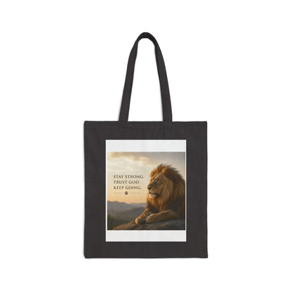 Lion Canvas Tote Bag – Stay Strong, Trust God, Keep Going | Christian Faith Gift