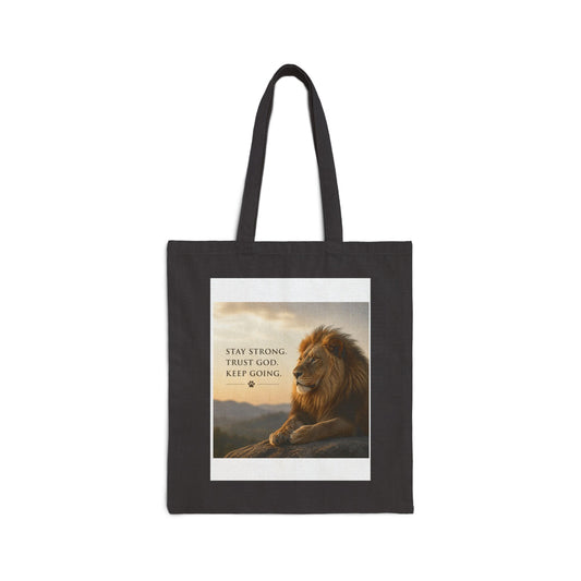 Lion Canvas Tote Bag – Stay Strong, Trust God, Keep Going | Christian Faith Gift