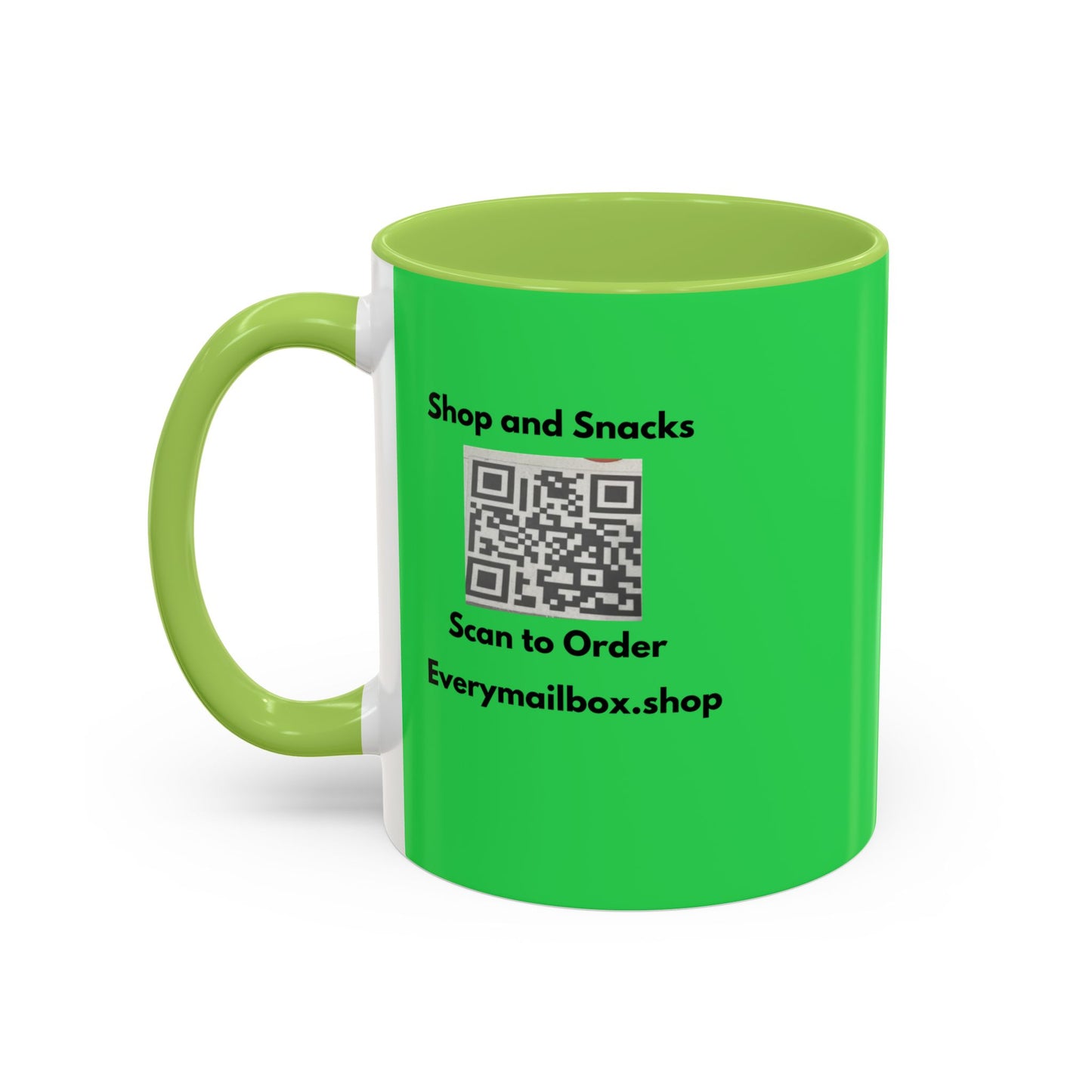 Accent Coffee Mug — 'Shop and Snacks' QR Code Promotional Coffee Mug (11/15 oz)