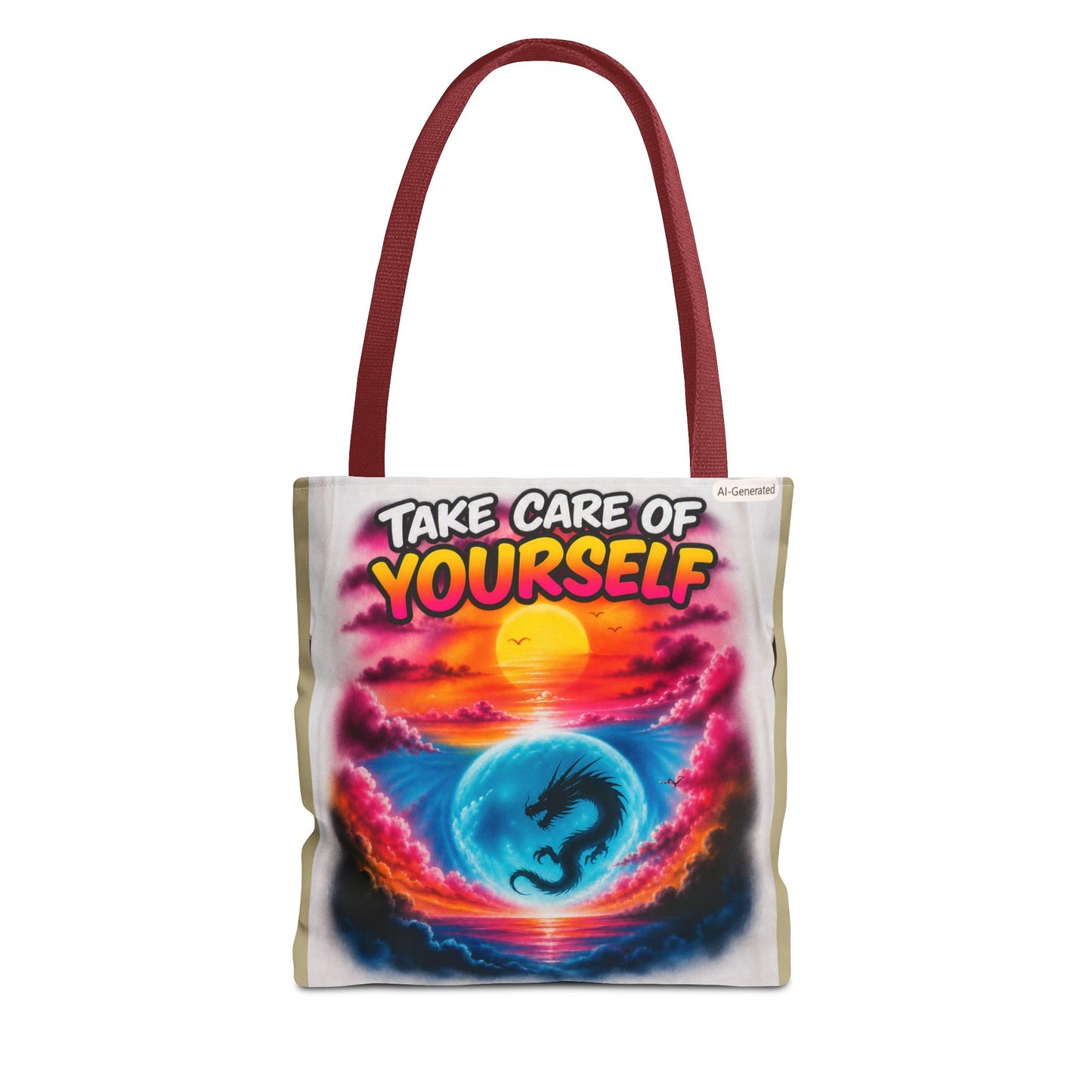 Take Care of Yourself Tote Bag – Sunset Dragon Motivational AOP Beach Tote