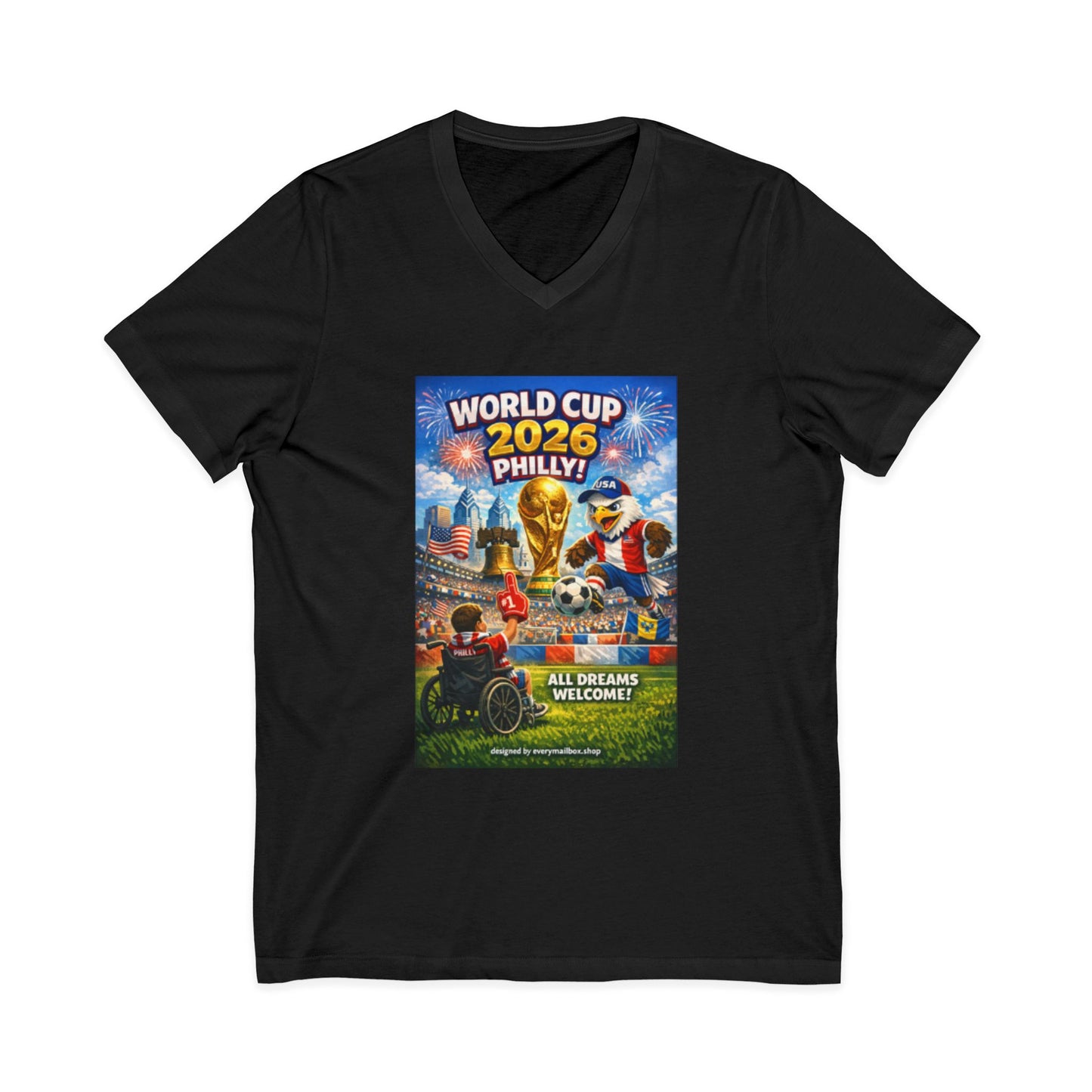 Black t-shirt with World Cup 2026 Philly! graphic design on a white background