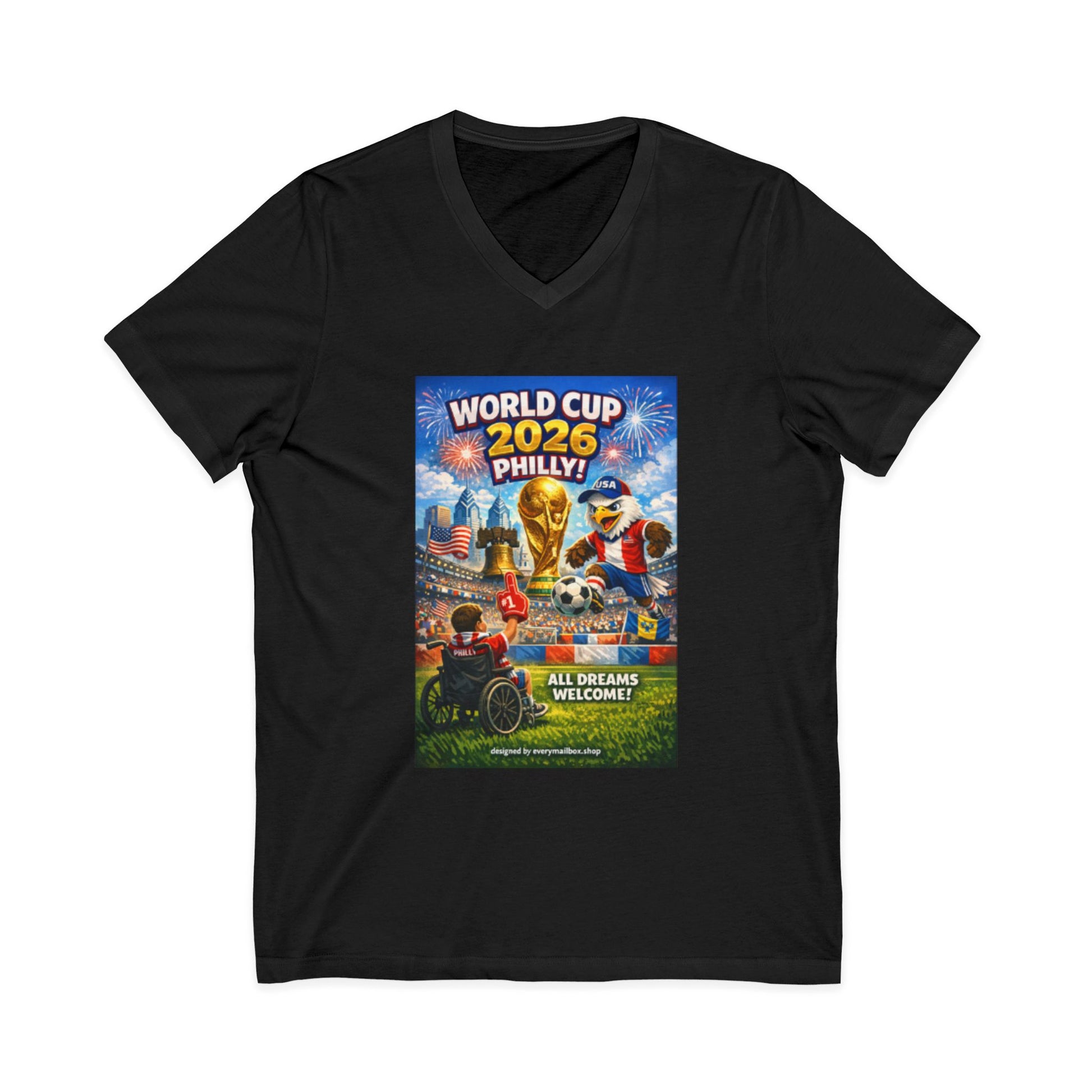 Black t-shirt with World Cup 2026 Philly! graphic design on a white background