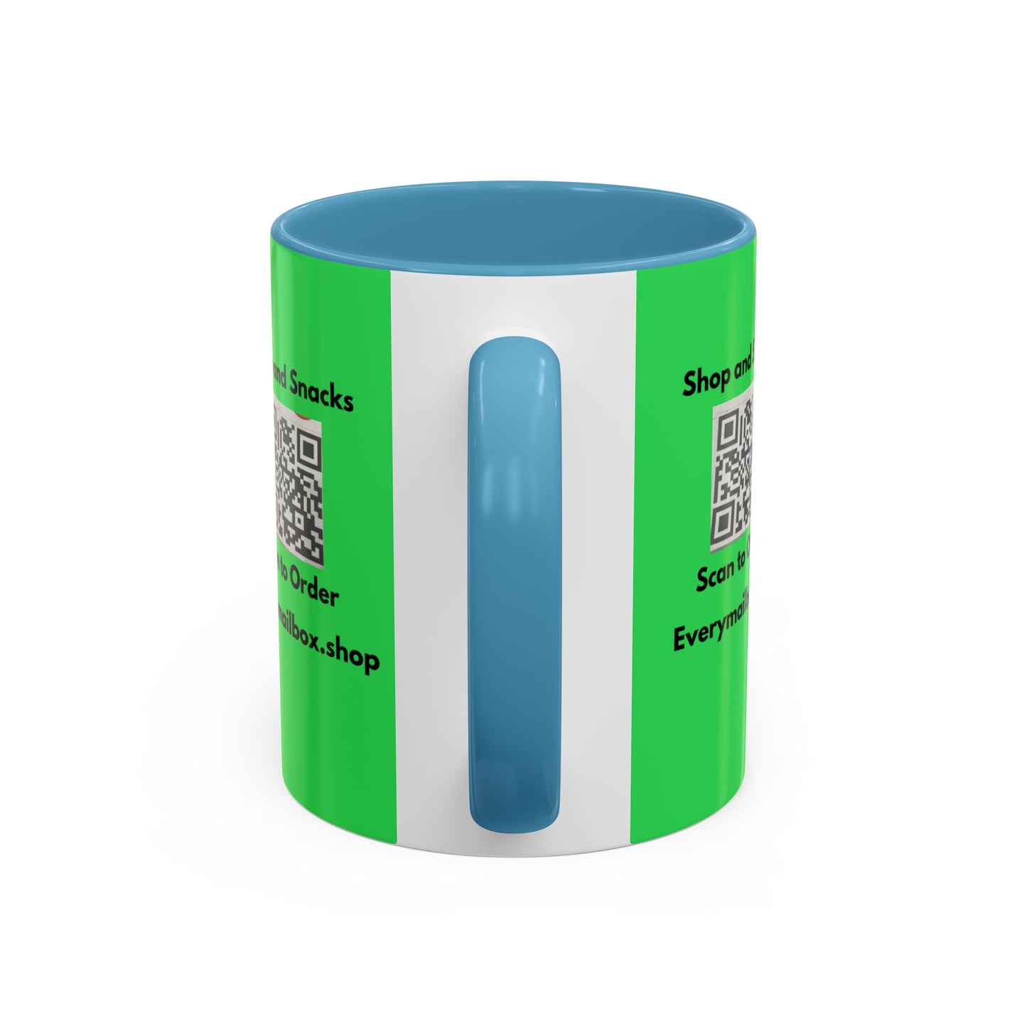 Accent Coffee Mug — 'Shop and Snacks' QR Code Promotional Coffee Mug (11/15 oz)