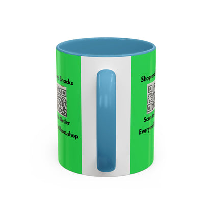 Accent Coffee Mug — 'Shop and Snacks' QR Code Promotional Coffee Mug (11/15 oz)