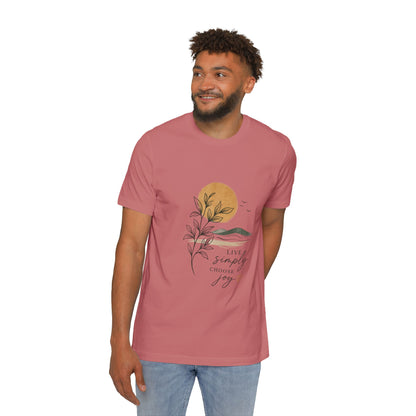 Inspirational Graphic T-Shirt — "Live Simply, Choose Joy" Sun & Botanical Design