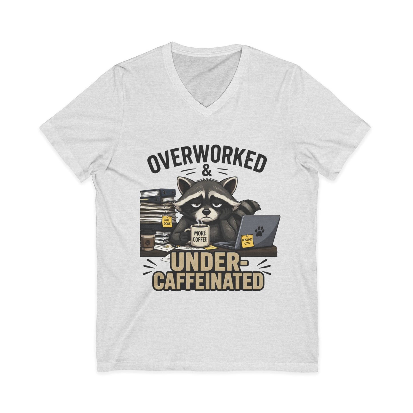Overworked & Under-Caffeinated V-Neck Tee – Cute Raccoon Coffee Shirt