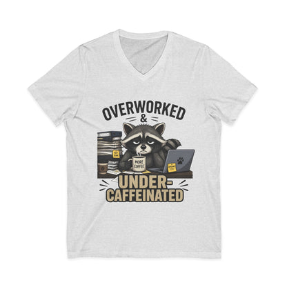 Overworked & Under-Caffeinated V-Neck Tee – Cute Raccoon Coffee Shirt