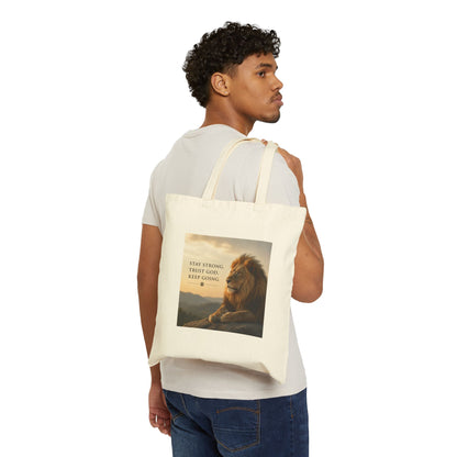 Lion Canvas Tote Bag – Stay Strong, Trust God, Keep Going | Christian Faith Gift
