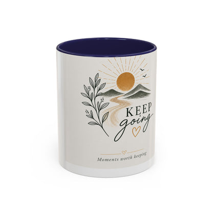 Keep Going Accent Coffee Mug — Inspirational Morning Mug with Sun & Mountains Design (11/15 oz)
