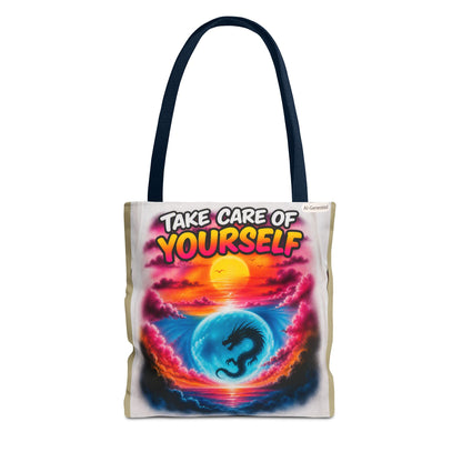 Take Care of Yourself Tote Bag – Sunset Dragon Motivational AOP Beach Tote