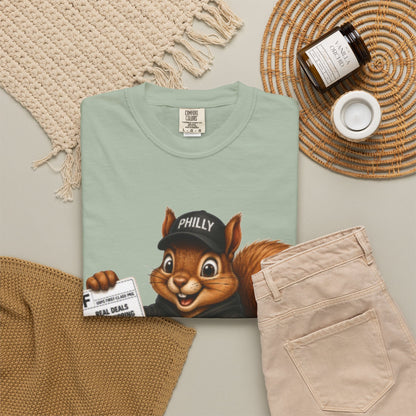 Delivery Squirrel T-Shirt — Cute Parcel Mascot Tee with 'Real Deals' Box