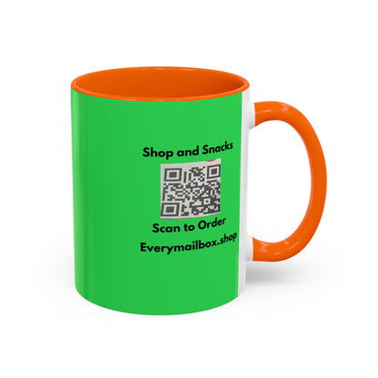 Accent Coffee Mug — 'Shop and Snacks' QR Code Promotional Coffee Mug (11/15 oz)