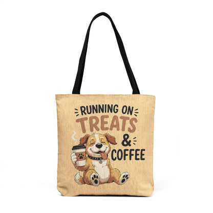 Running on Treats & Coffee Woven Tote Bag | Cute Dog Cross-Stitch Style