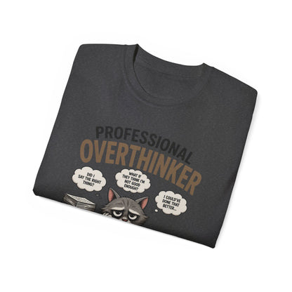 Professional Overthinker T-Shirt – Funny Cat Overworking Graphic Tee