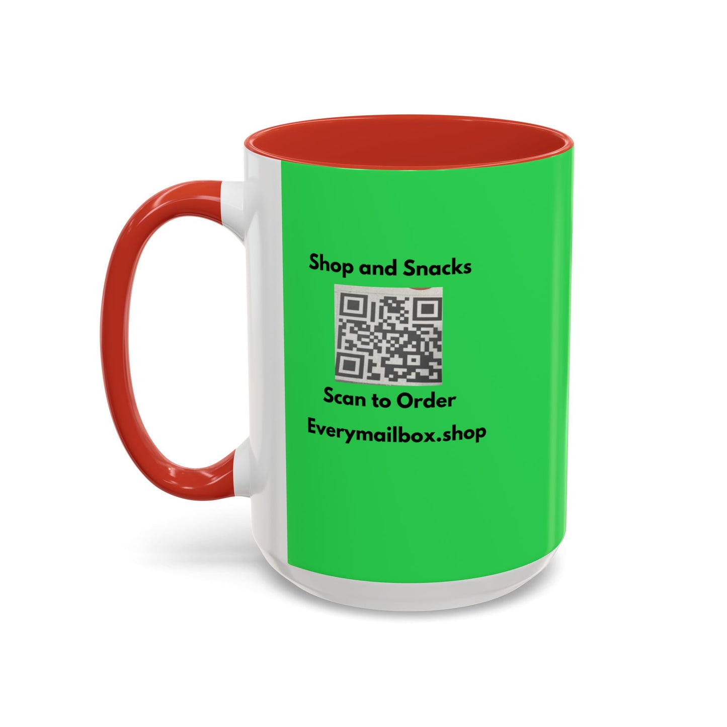 Accent Coffee Mug — 'Shop and Snacks' QR Code Promotional Coffee Mug (11/15 oz)