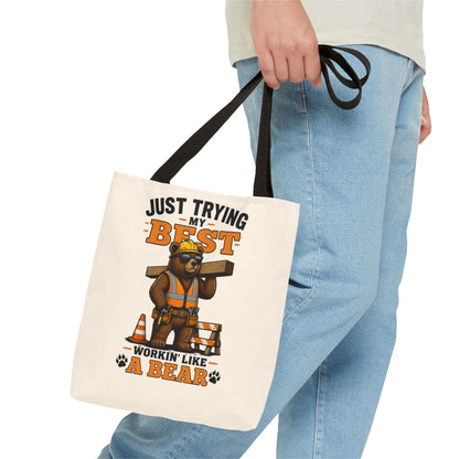 Just Trying My Best Tote Bag - Cute Construction Bear Canvas Tote