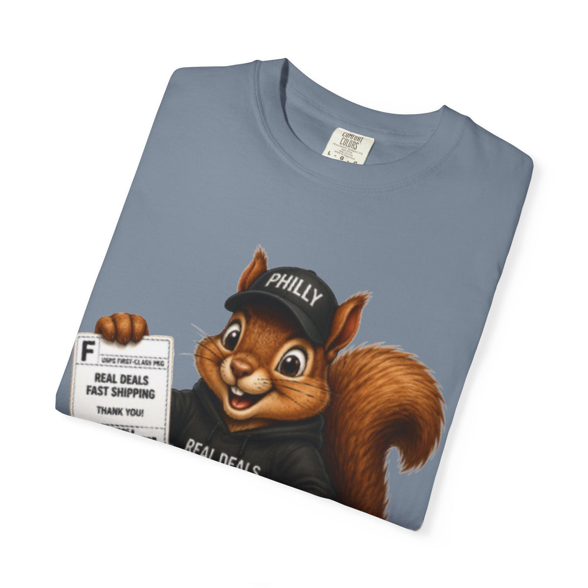 Delivery Squirrel T-Shirt — Cute Parcel Mascot Tee with 'Real Deals' Box