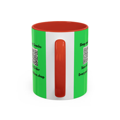 Accent Coffee Mug — 'Shop and Snacks' QR Code Promotional Coffee Mug (11/15 oz)