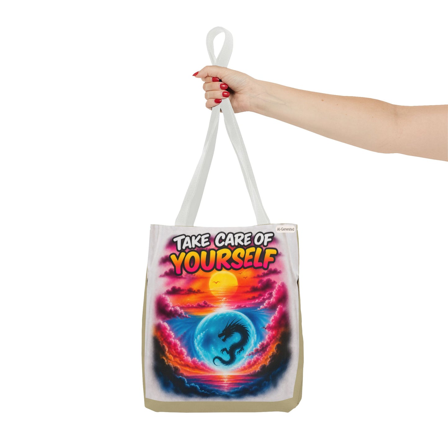 Take Care of Yourself Tote Bag – Sunset Dragon Motivational AOP Beach Tote