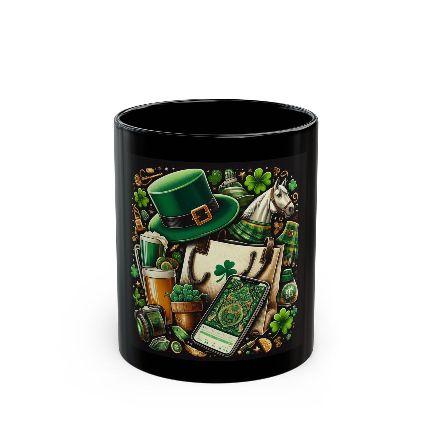 St. Patrick's Day Black Mug - Lucky Shamrocks Design (11oz, 15oz)