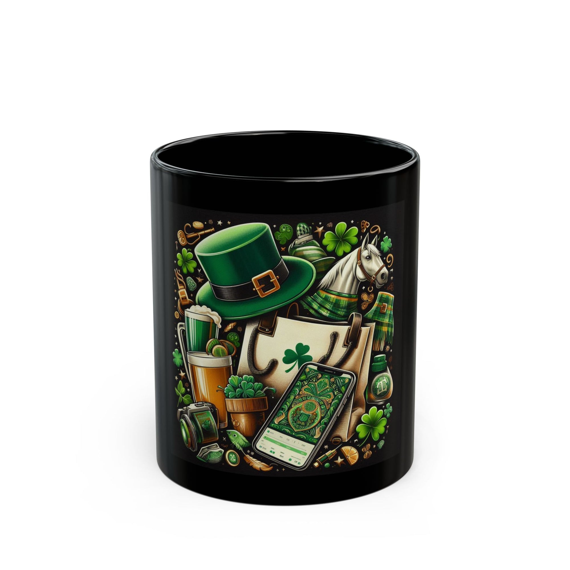 St. Patrick's Day Black Mug - Lucky Shamrocks Design (11oz, 15oz)