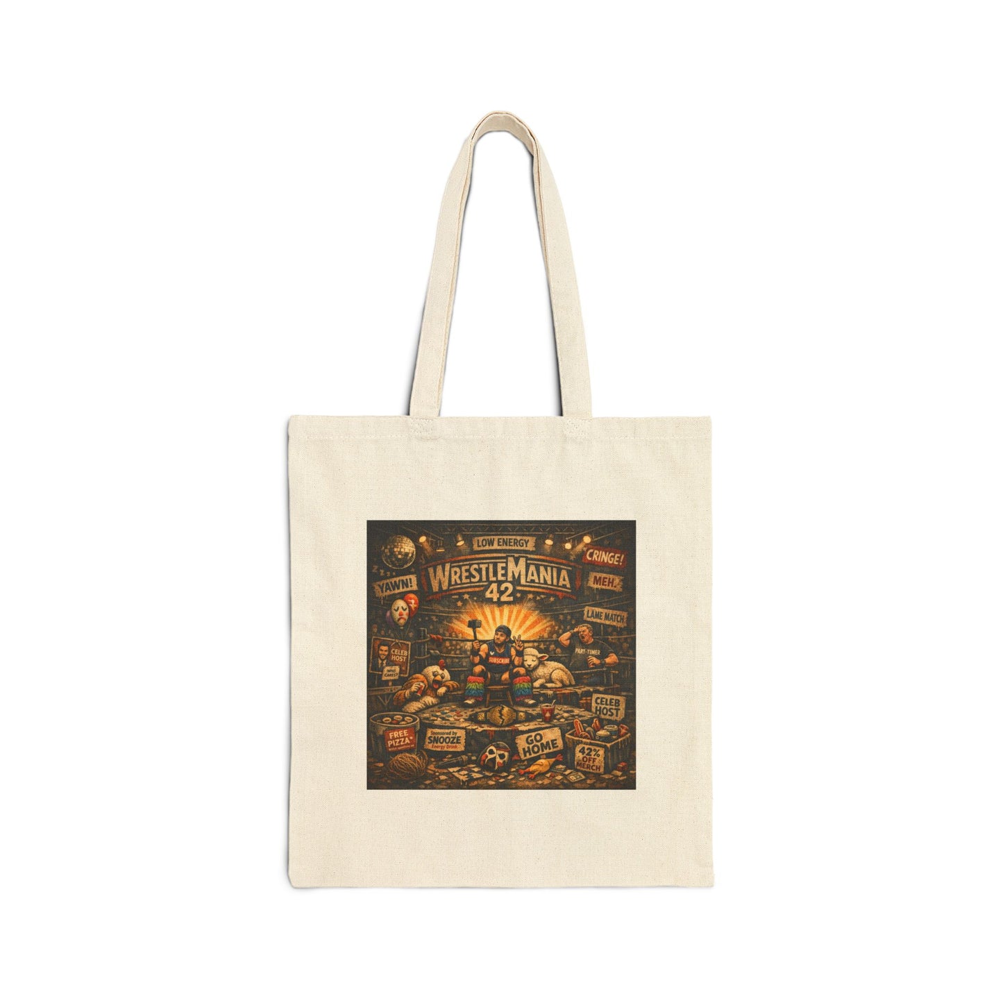 Beige tote bag with WrestleMania 42 graphic on a white background