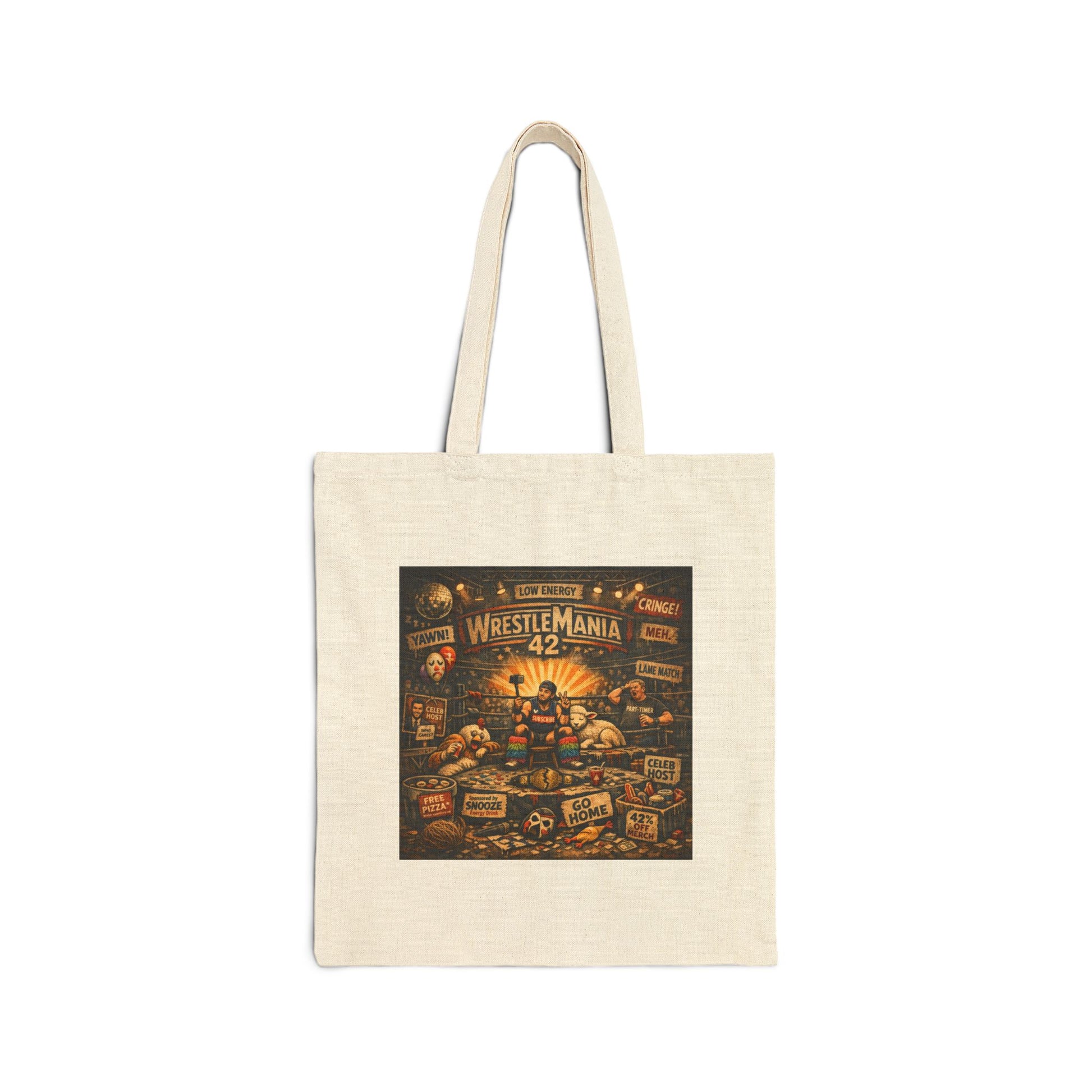 Beige tote bag with WrestleMania 42 graphic on a white background