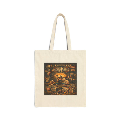 Beige tote bag with WrestleMania 42 graphic on a white background