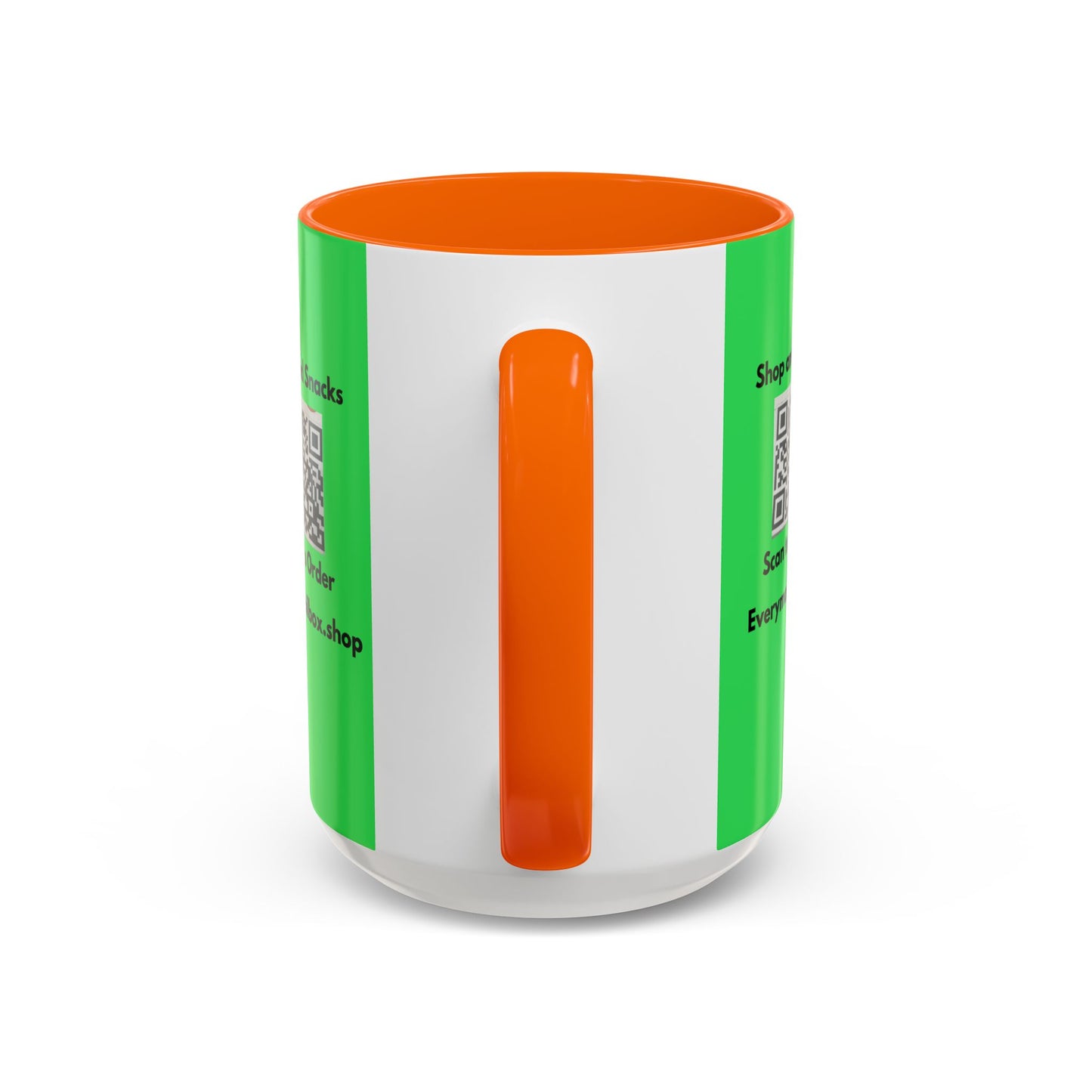 Accent Coffee Mug — 'Shop and Snacks' QR Code Promotional Coffee Mug (11/15 oz)