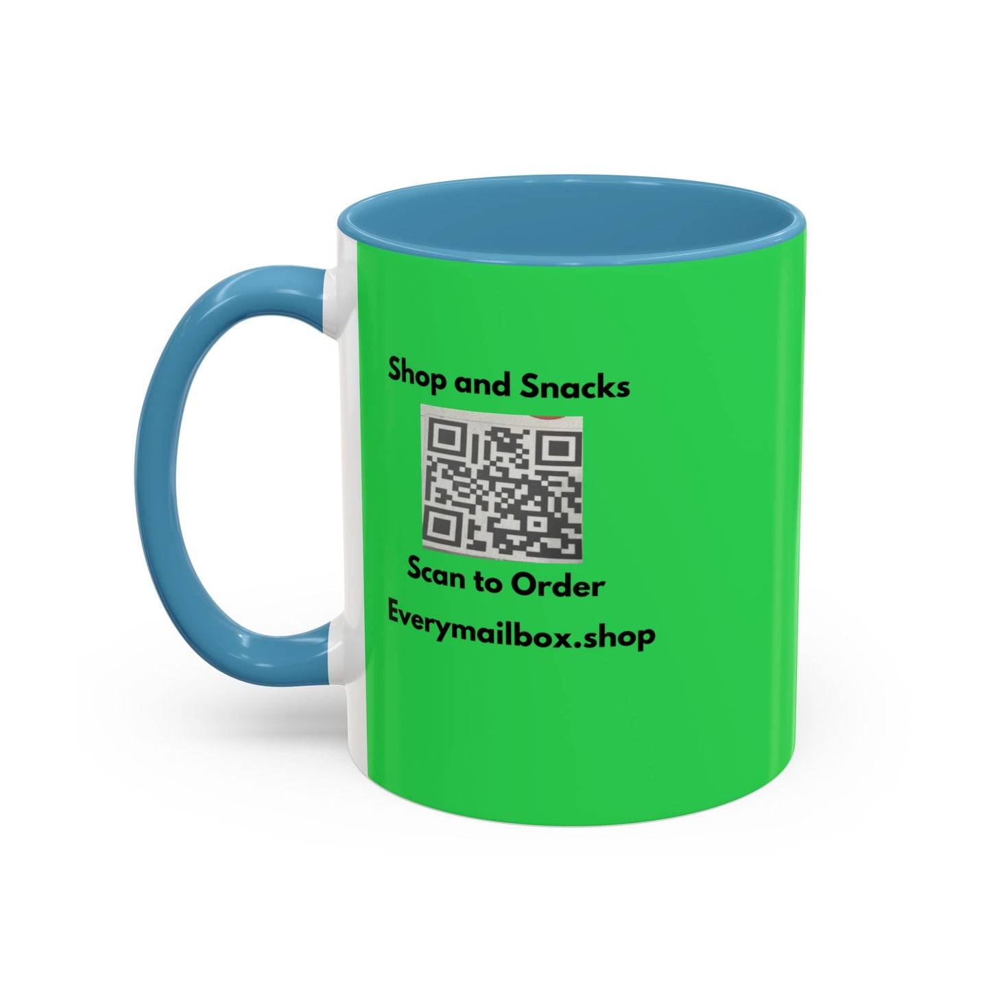 Accent Coffee Mug — 'Shop and Snacks' QR Code Promotional Coffee Mug (11/15 oz)