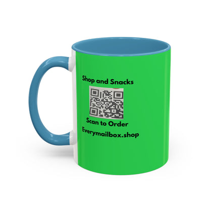 Accent Coffee Mug — 'Shop and Snacks' QR Code Promotional Coffee Mug (11/15 oz)