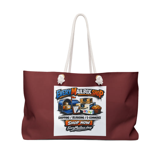 Maroon tote bag with 'Every Mailbox Shop' logo on a white background