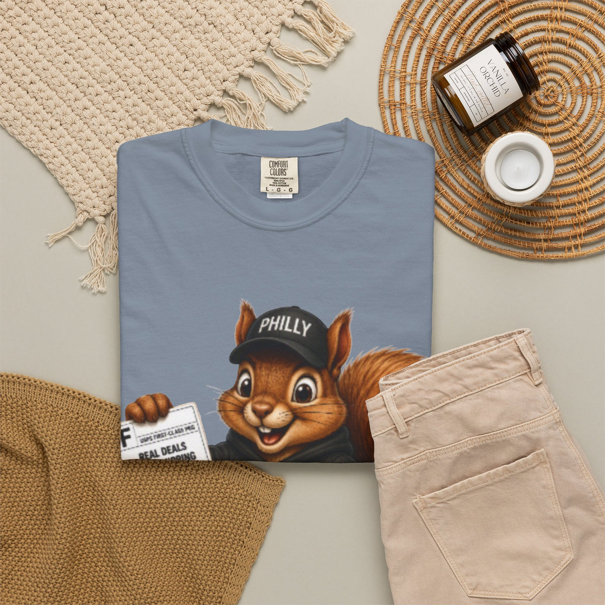 Delivery Squirrel T-Shirt — Cute Parcel Mascot Tee with 'Real Deals' Box