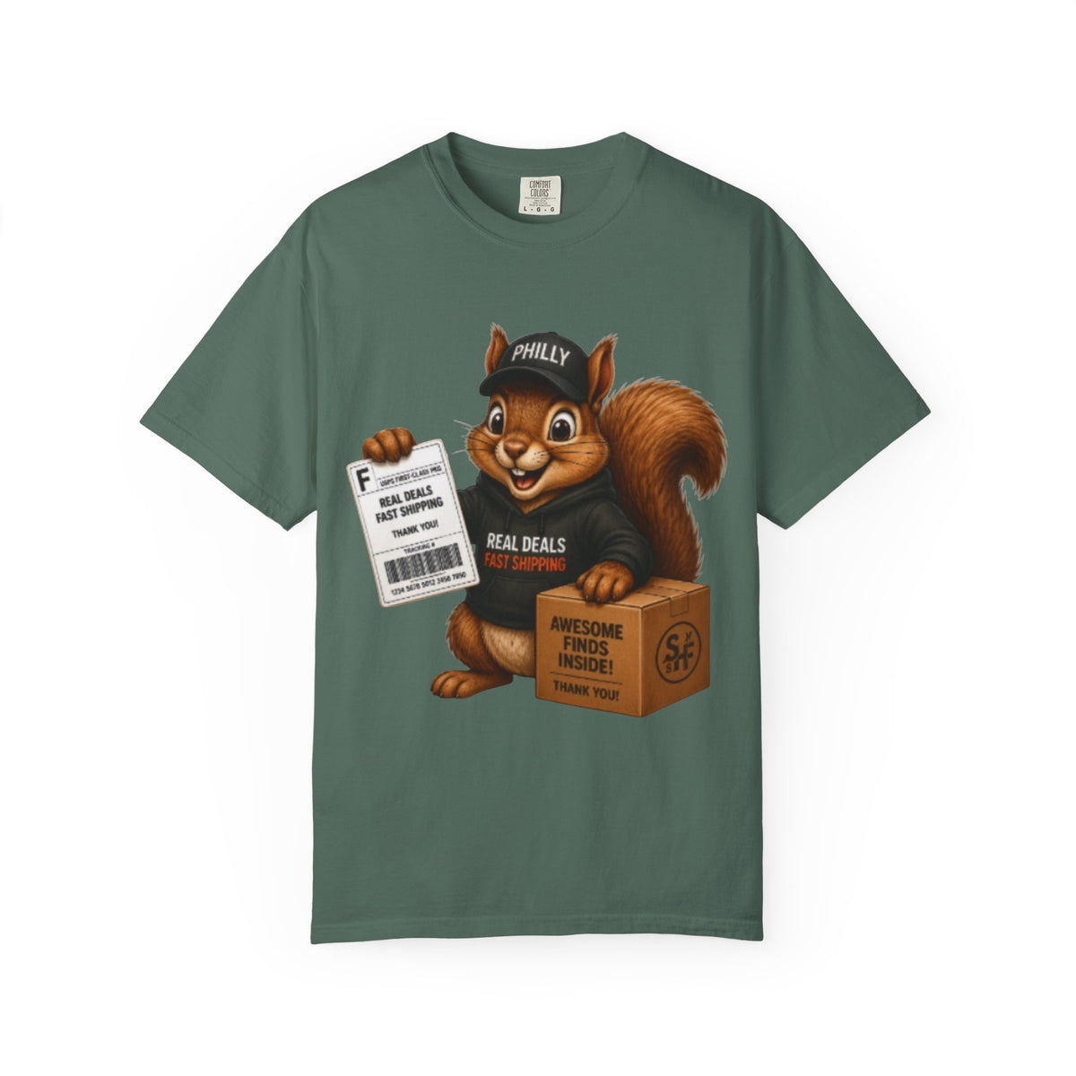 Delivery Squirrel T-Shirt — Cute Parcel Mascot Tee with 'Real Deals' Box