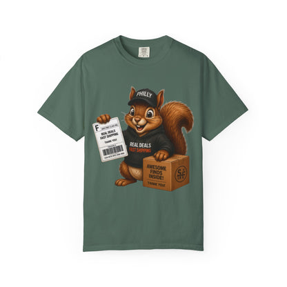 Delivery Squirrel T-Shirt — Cute Parcel Mascot Tee with 'Real Deals' Box