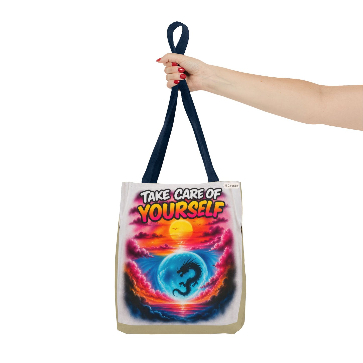 Take Care of Yourself Tote Bag – Sunset Dragon Motivational AOP Beach Tote