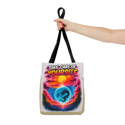 Take Care of Yourself Tote Bag – Sunset Dragon Motivational AOP Beach Tote