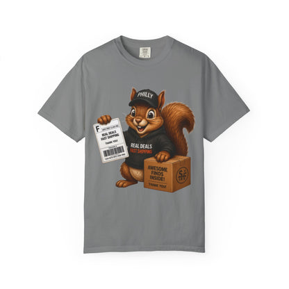 Delivery Squirrel T-Shirt — Cute Parcel Mascot Tee with 'Real Deals' Box
